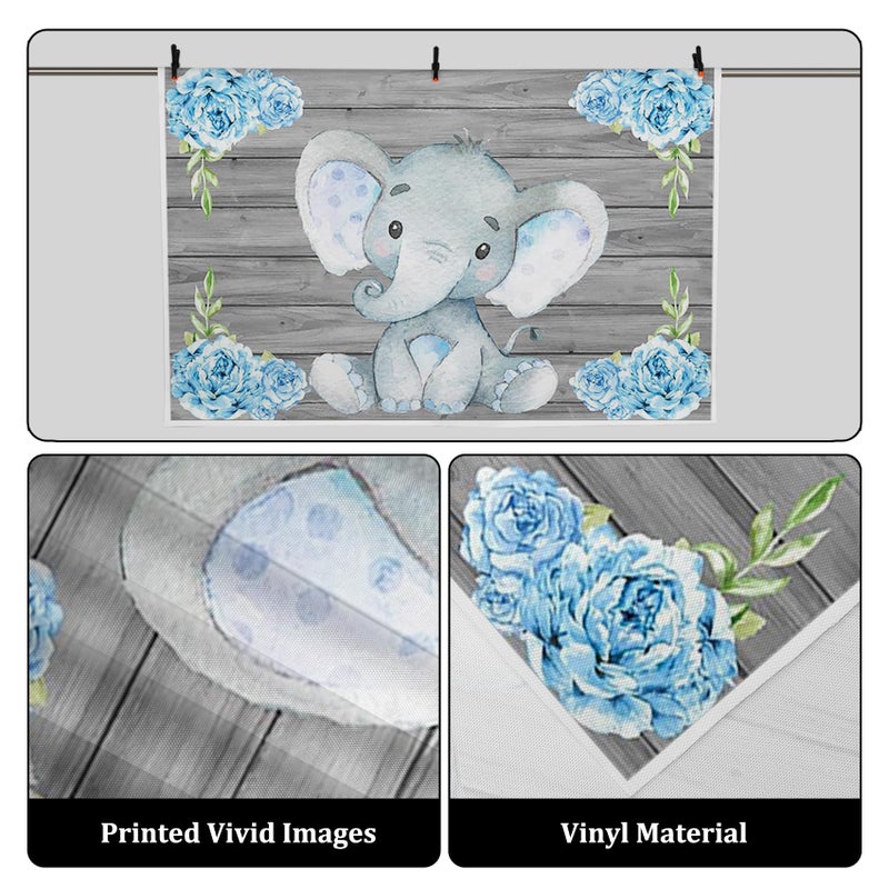 AOFOTO 6x4ft Flowers Wooden Elephant Backdrop Blue Baby Boy Gender Reveal Party Decorations Sweet Floral Baby Shower Photo Shoot Background for Photography Kid Child Birthday Photo Studio Props Vinyl - Image 2